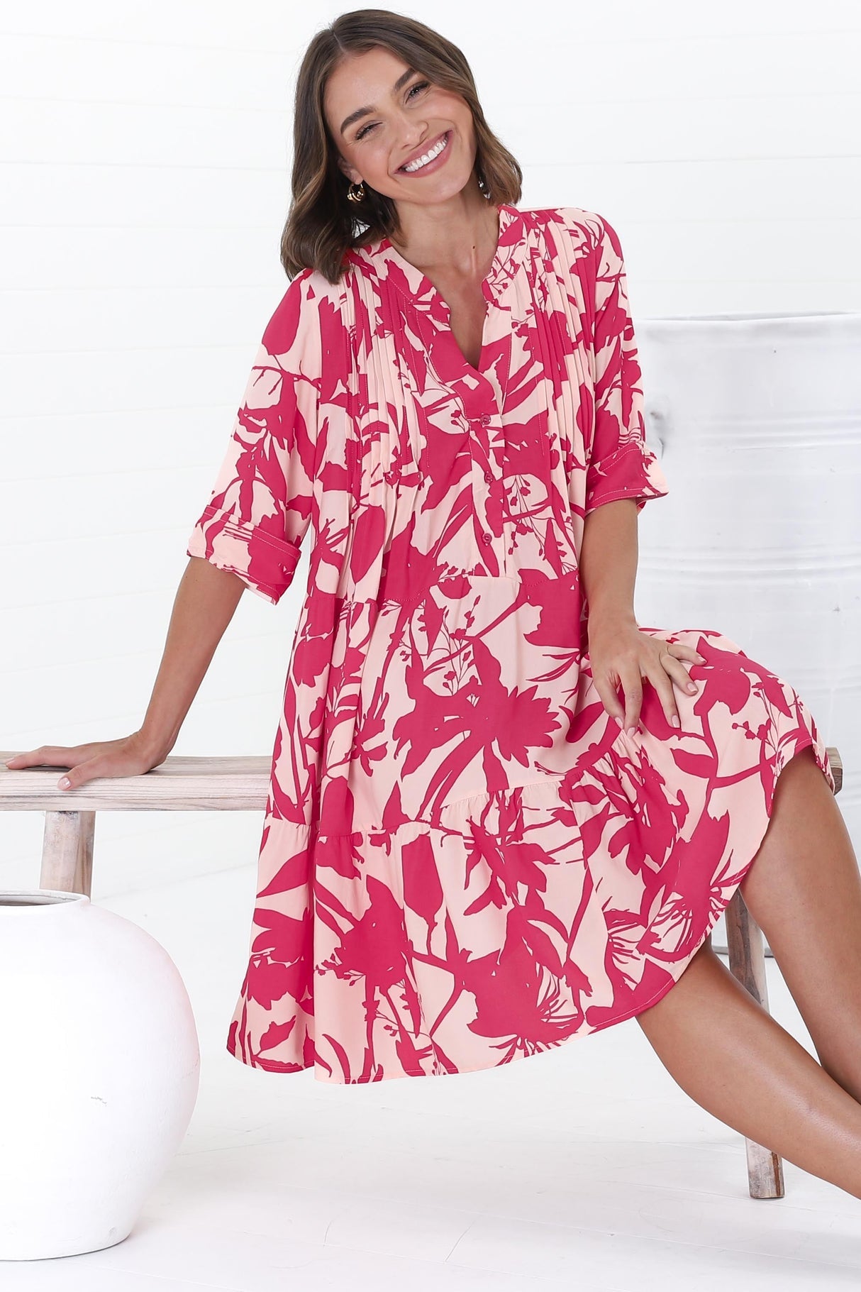 Evie Mini Dress - 3/4 Sleeve Tiered Smock Dress In Patty Print Pink