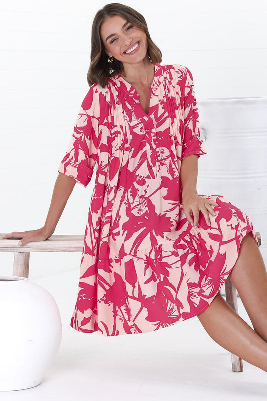 Evie Mini Dress - 3/4 Sleeve Tiered Smock Dress In Patty Print Pink