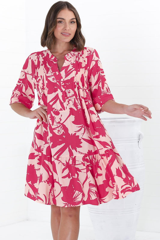 Evie Mini Dress - 3/4 Sleeve Tiered Smock Dress In Patty Print Pink