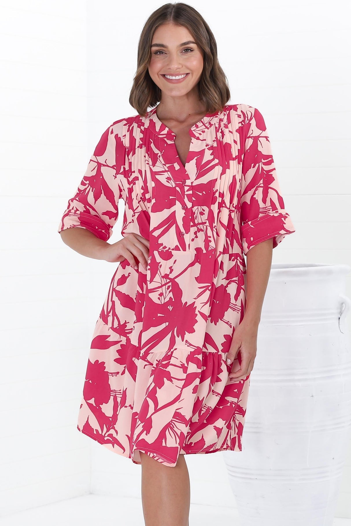 Evie Mini Dress - 3/4 Sleeve Tiered Smock Dress In Patty Print Pink
