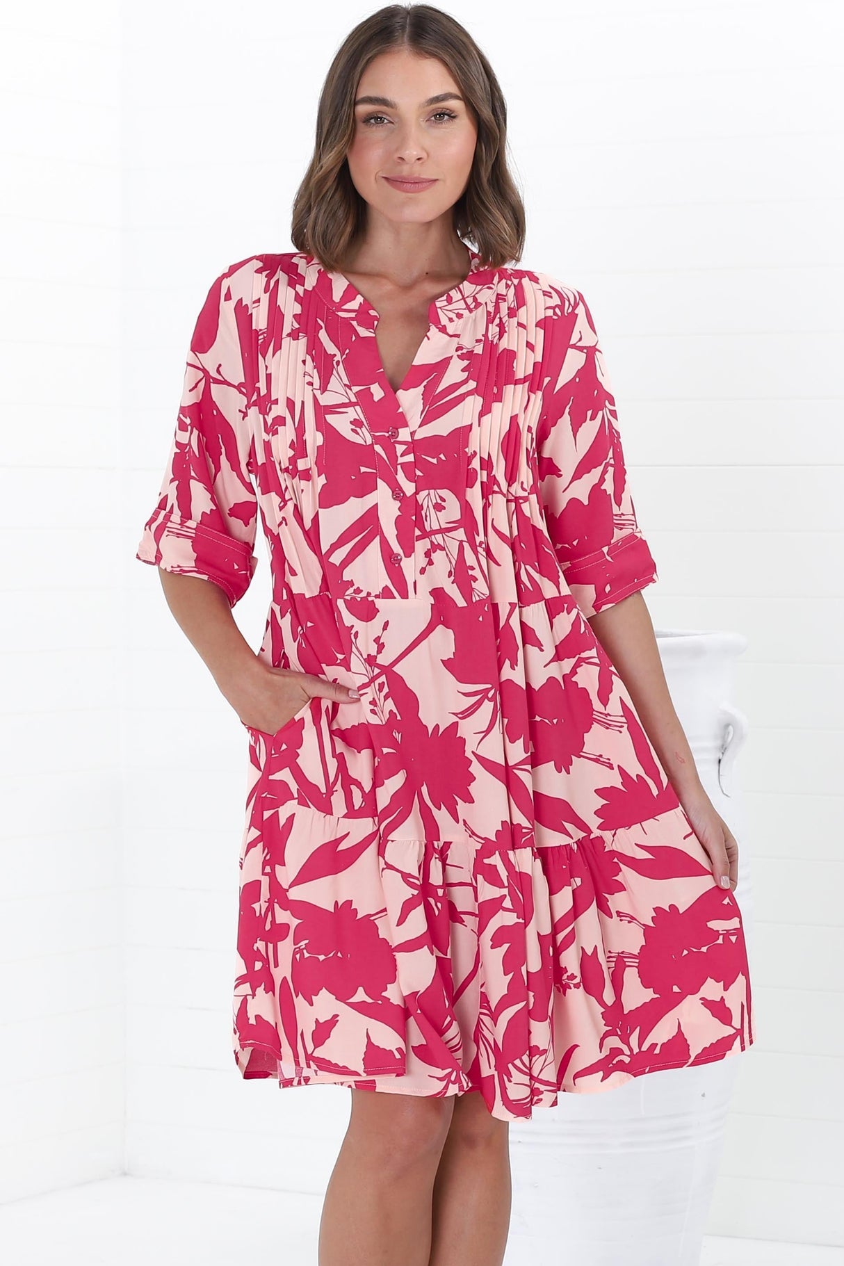 Evie Mini Dress - 3/4 Sleeve Tiered Smock Dress In Patty Print Pink