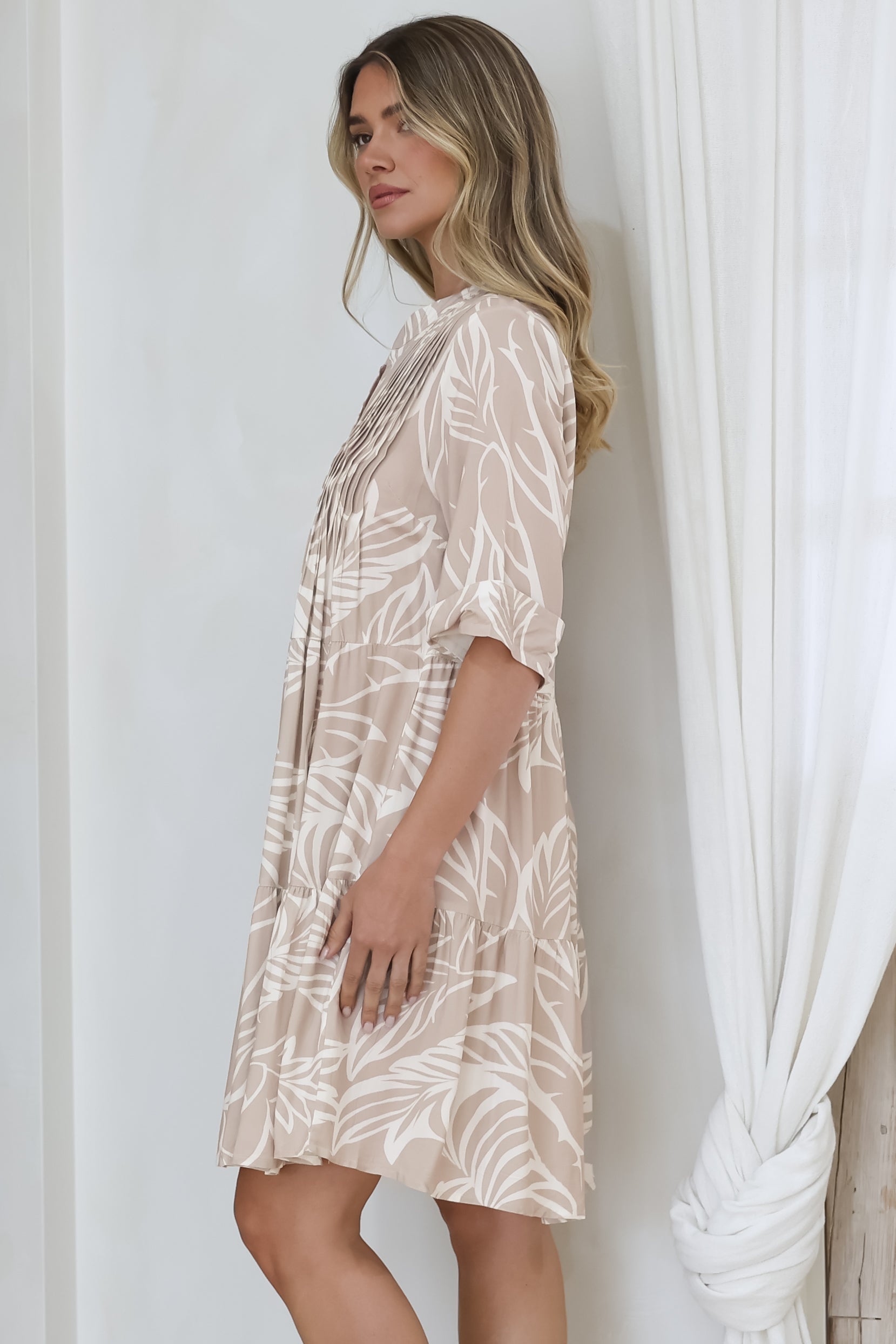Evie Mini Dress - 3/4 Sleeve Tiered Smock Dress in