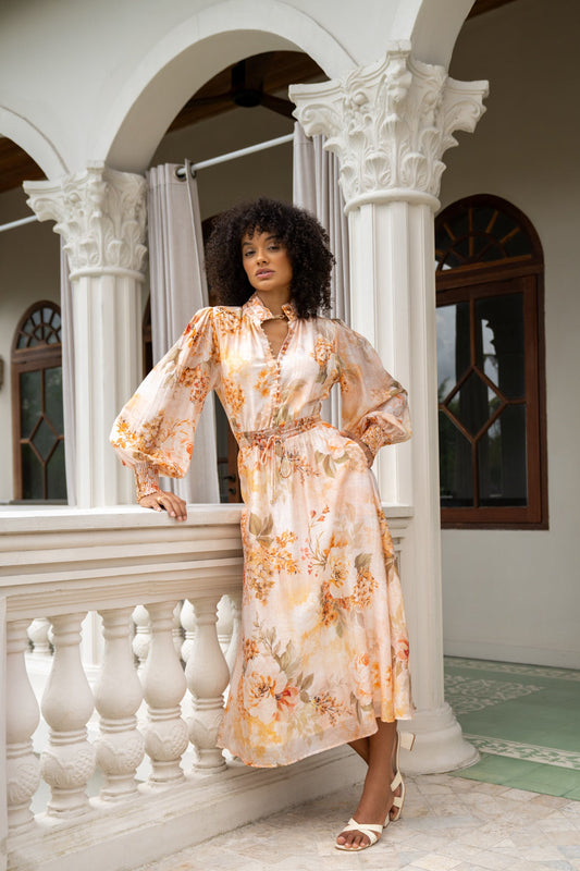 Fiorenza Orange Floral Long Sleeve Maxi Dress