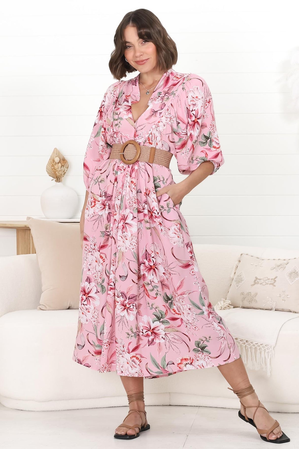 Jaase - Boheme Midi Dress: Piping Defined Bust Slimline Smock Dress In Pink Lotus