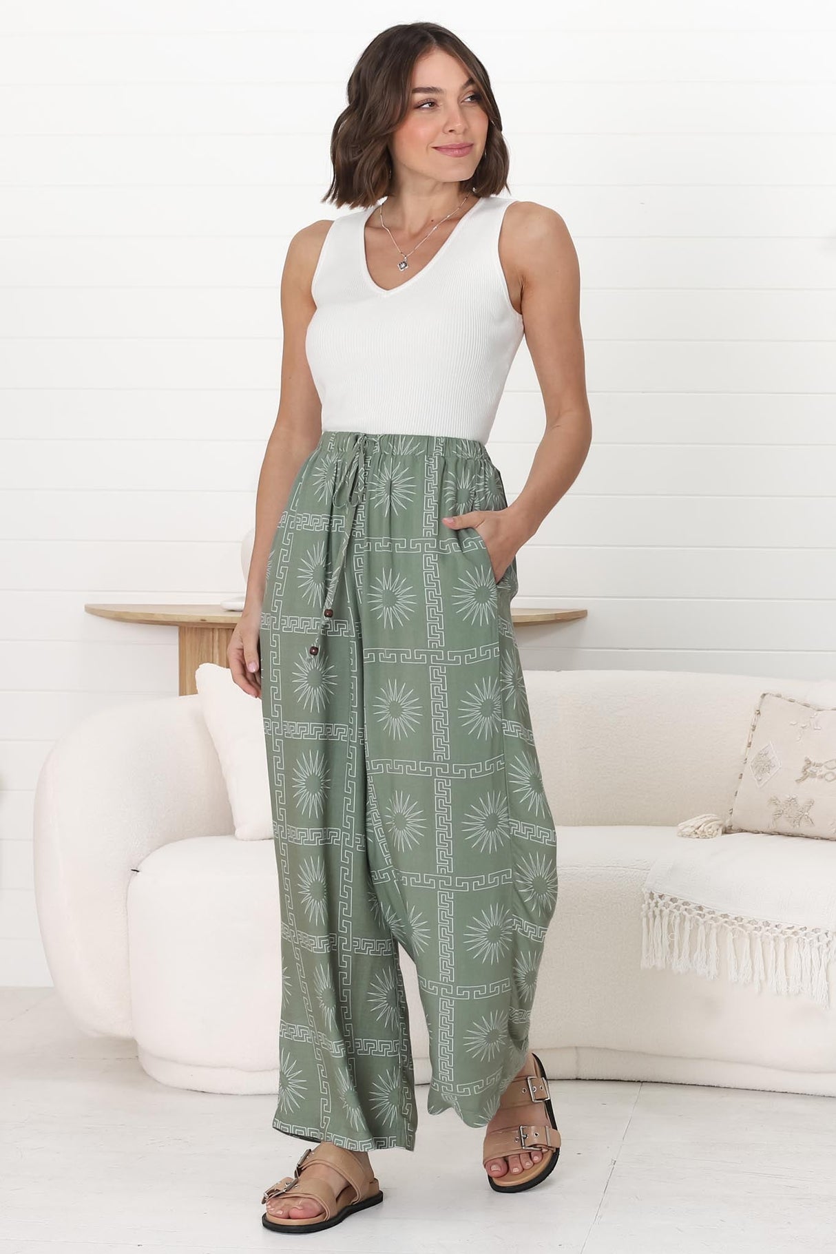 Mahina Pants - High Waisted Straight Leg Pants Astra Print In Green