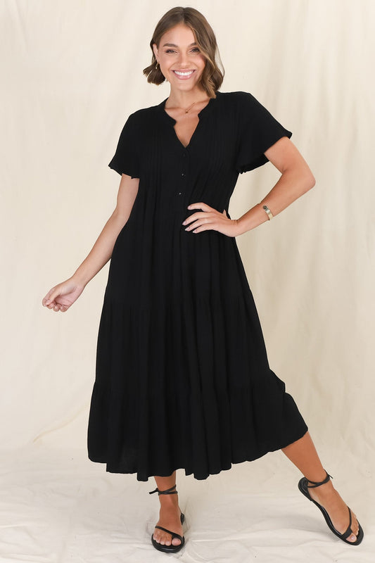 Peggy Midi Dress - Relaxed Mandarin Collar Pleated Bust Tiered Linen Dress In Black