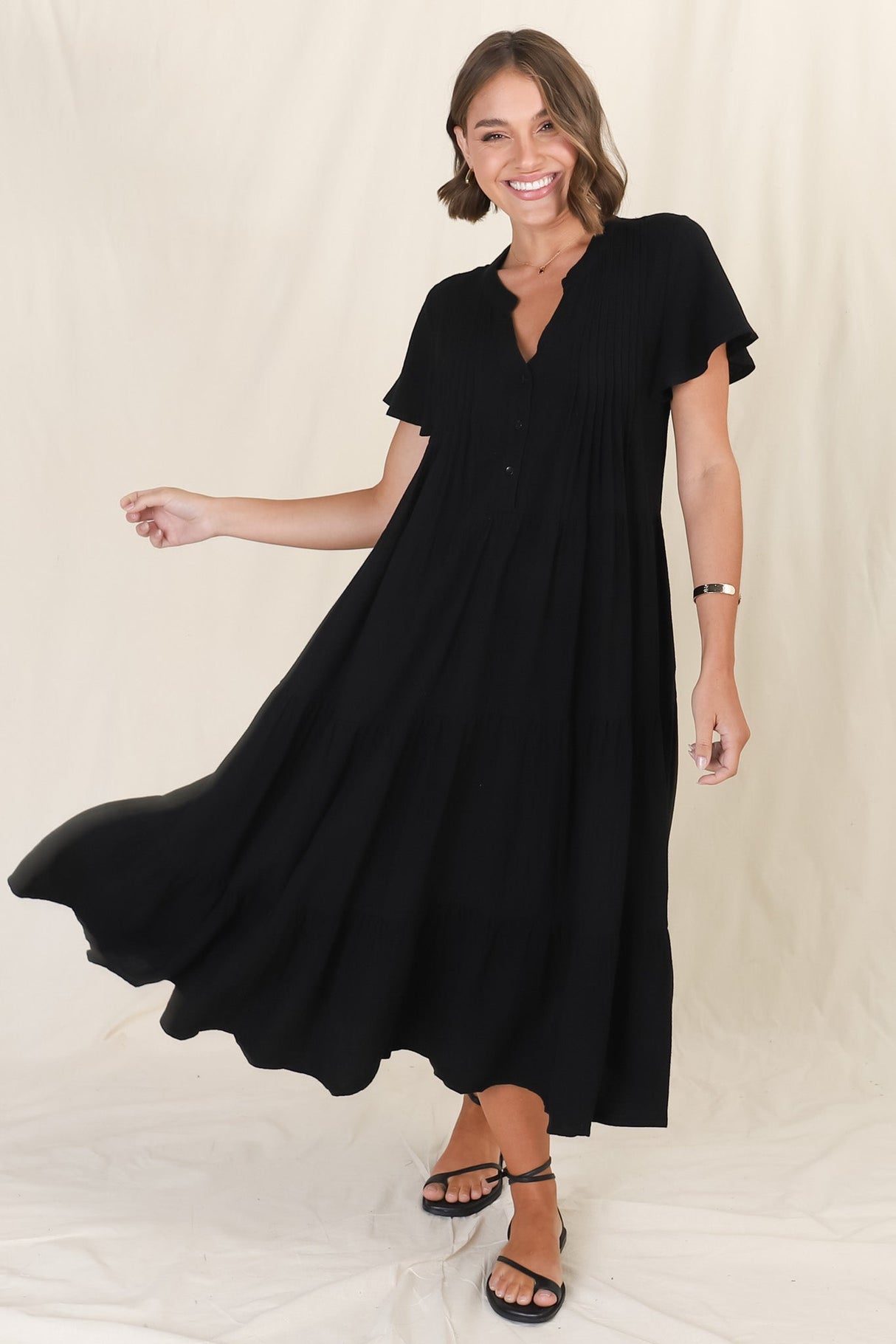 Peggy Midi Dress - Relaxed Mandarin Collar Pleated Bust Tiered Linen Dress In Black