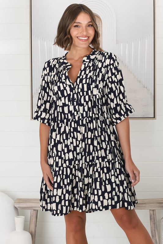 Evie Mini Dress - 3/4 Sleeve Tiered Smock Dress In Navy
