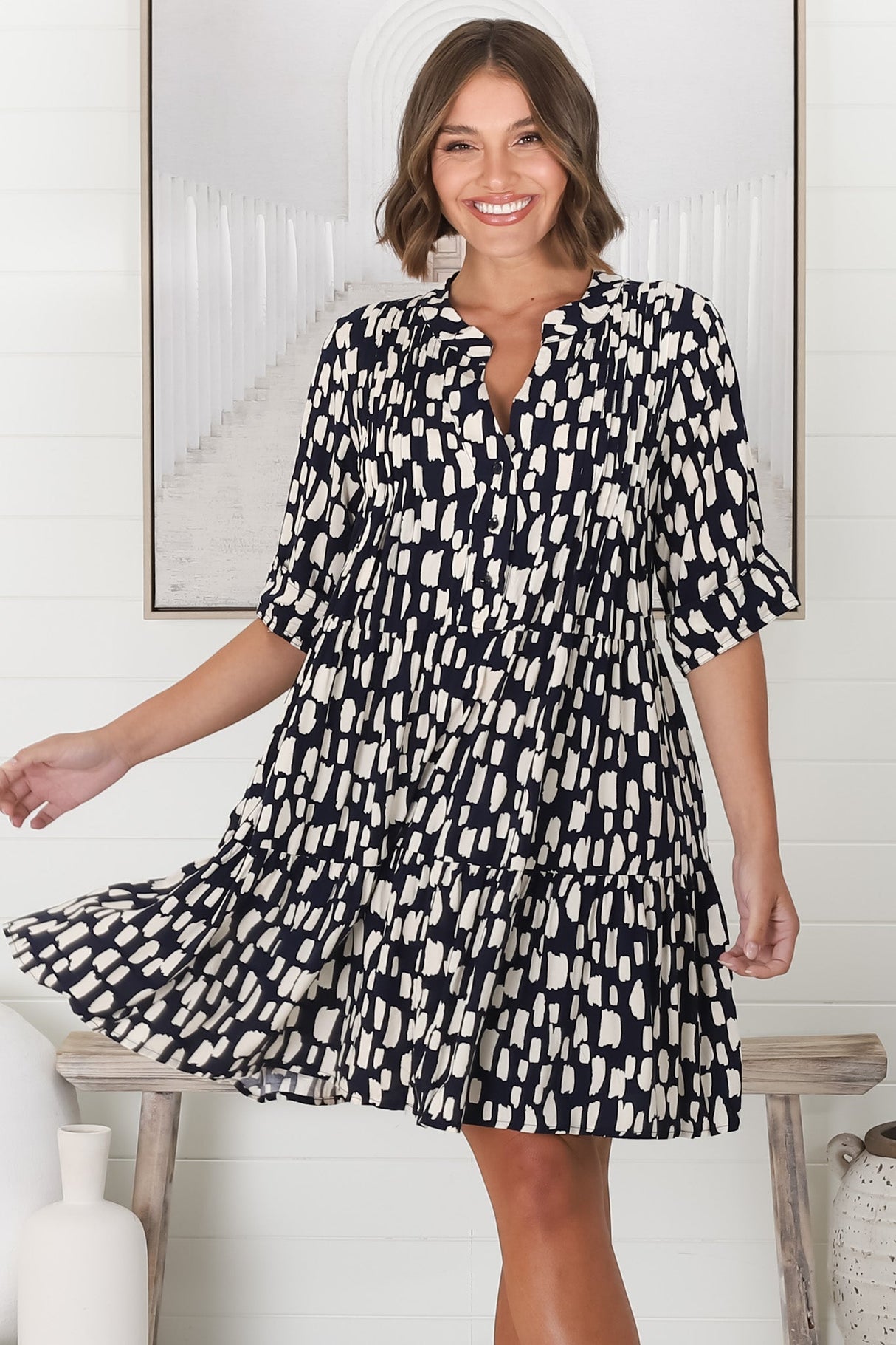 Evie Mini Dress - 3/4 Sleeve Tiered Smock Dress In Navy