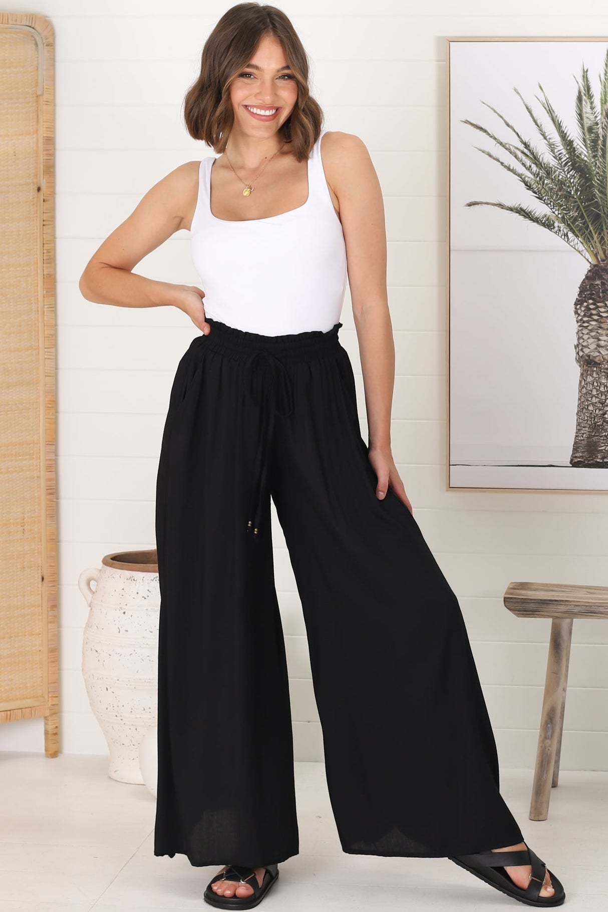 Charli Pants - Paper Bag High Waisted Wide Leg Pants In Black