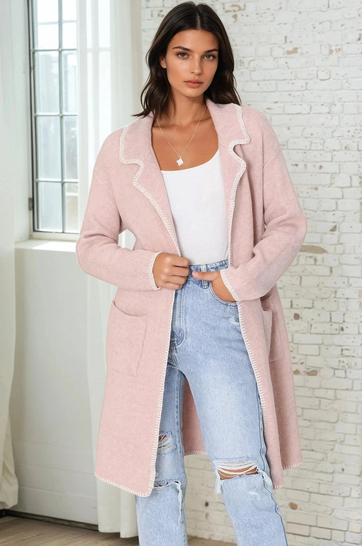 Kinny Cardigan - Collared Contrast Stitching Cardigan In Pink
