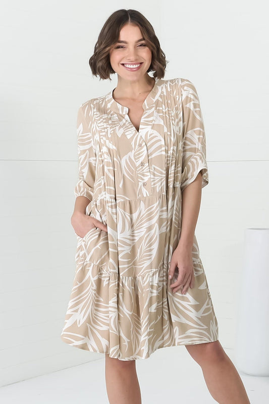 Evie Mini Dress - 3/4 Sleeve Tiered Smock Dress In Jeani Print Beige