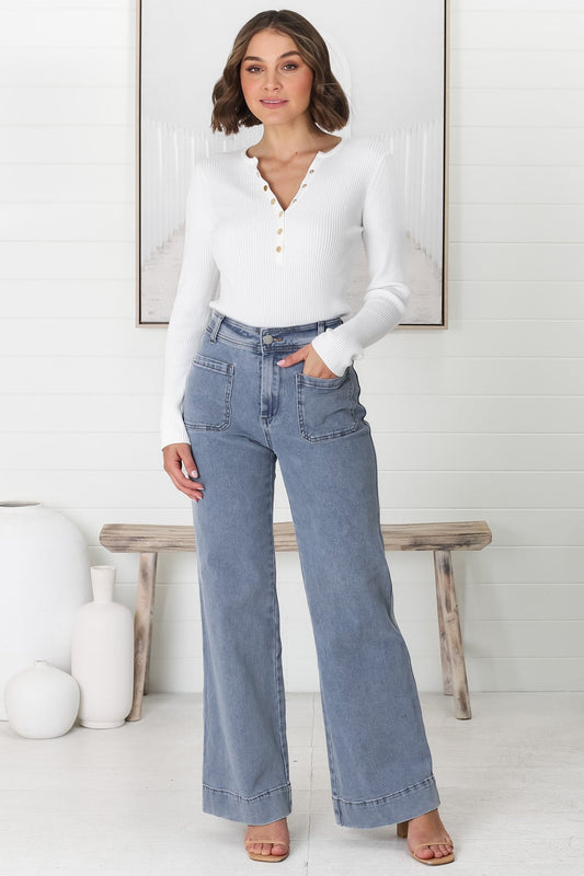 Farah Jeans - Highwaisted Flare Leg Stretch Jean In Light Denim
