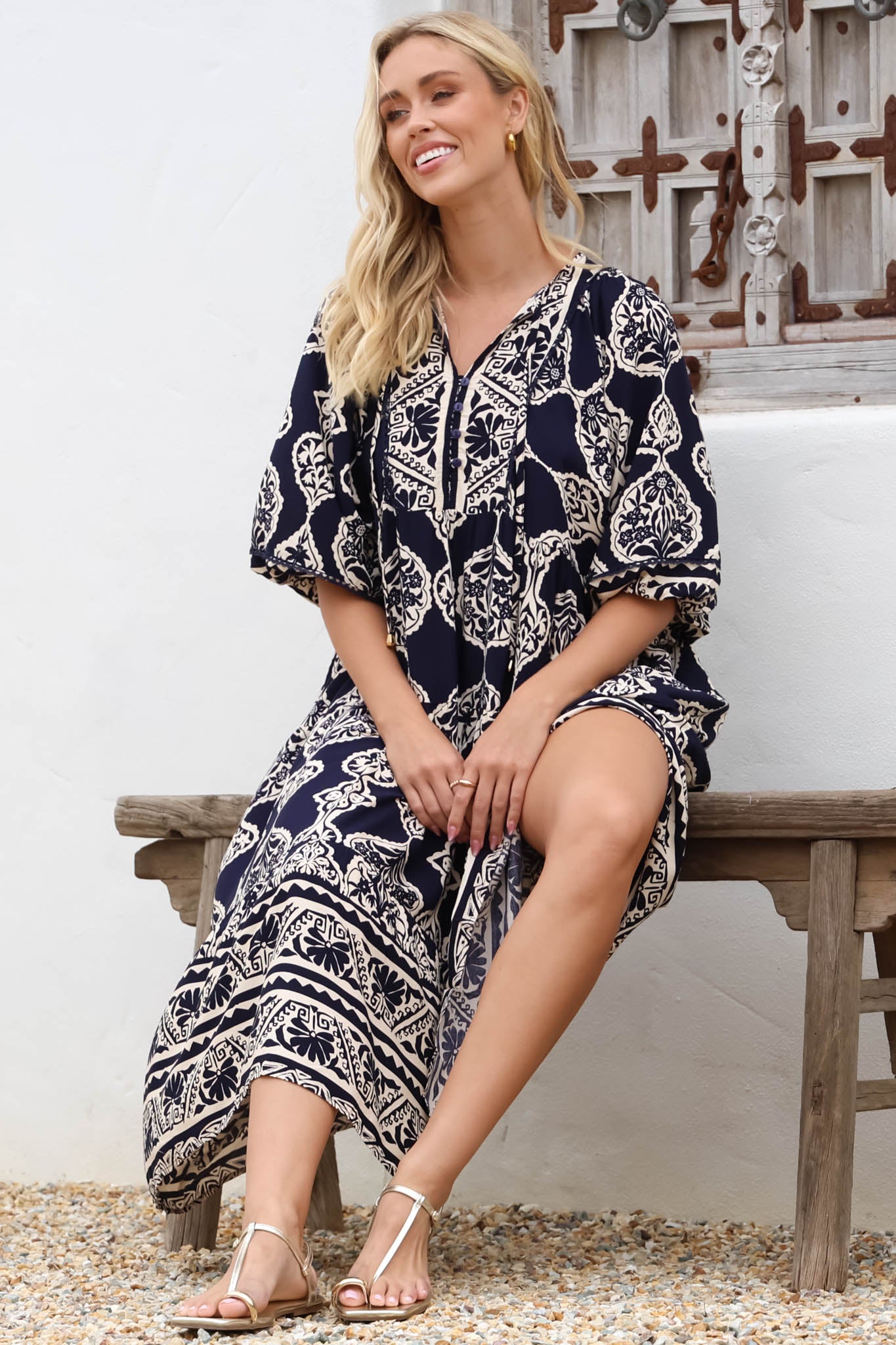 Kamali Midi Dress - Batwing Sleeve Smock Dress with Lace Detailing in Belle Print Navy