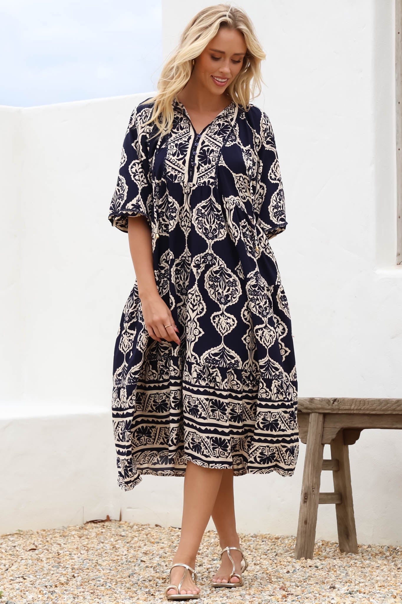 Kamali Midi Dress - Batwing Sleeve Smock Dress with Lace Detailing in Belle Print Navy