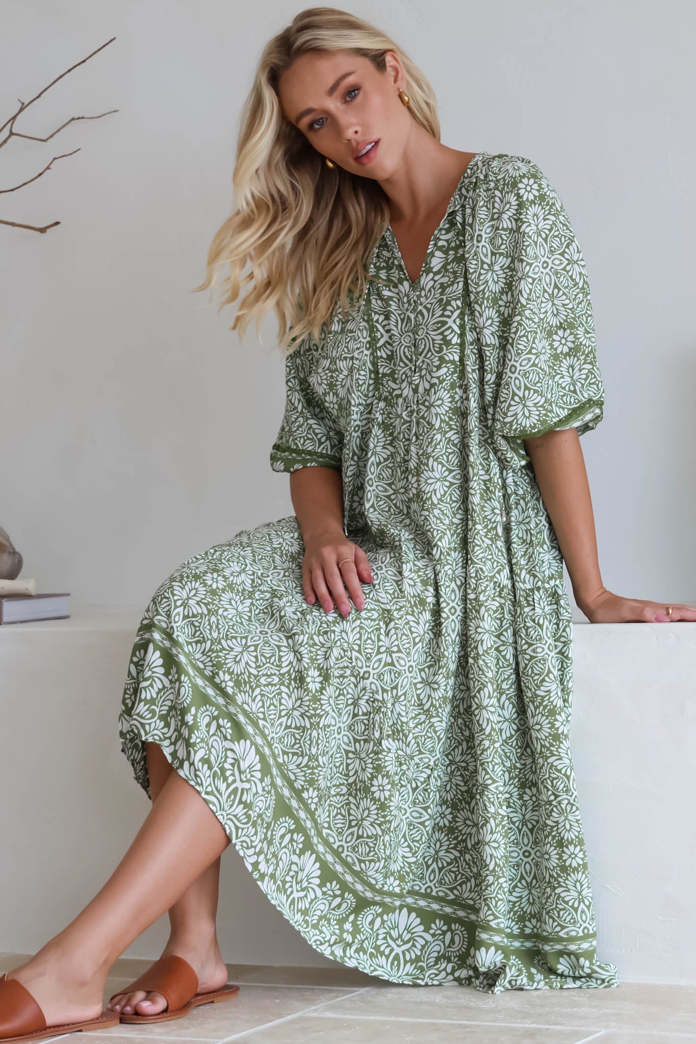 Kamali Midi Dress - Batwing Sleeve Smock Dress with Lace Detailing in Harley Print Green