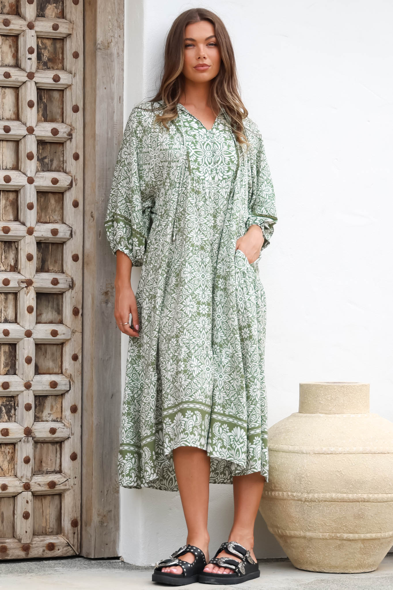 Kamali Midi Dress - Batwing Sleeve Smock Dress with Lace Detailing in Harley Print Green