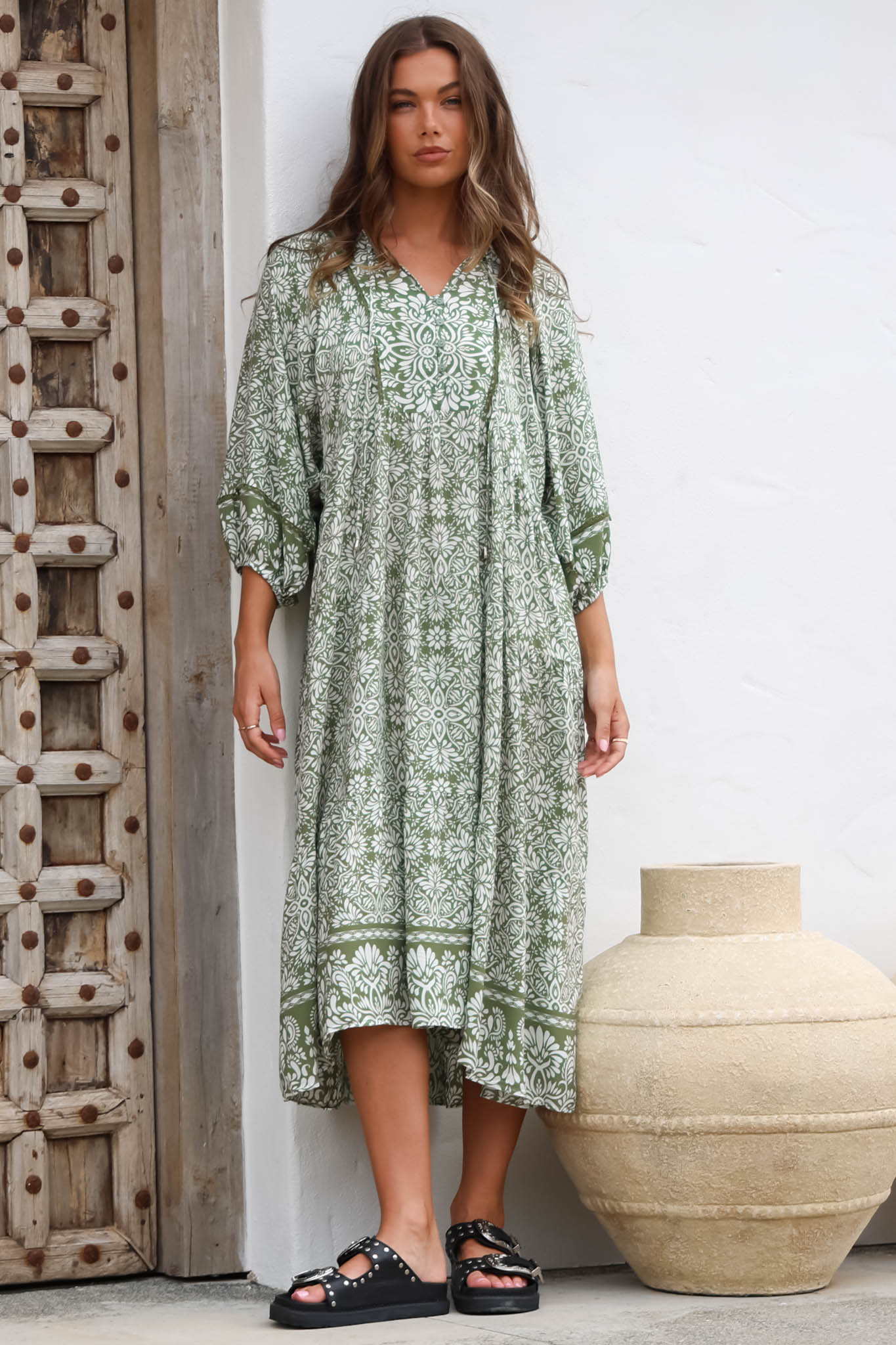 Kamali Midi Dress - Batwing Sleeve Smock Dress with Lace Detailing in Harley Print Green
