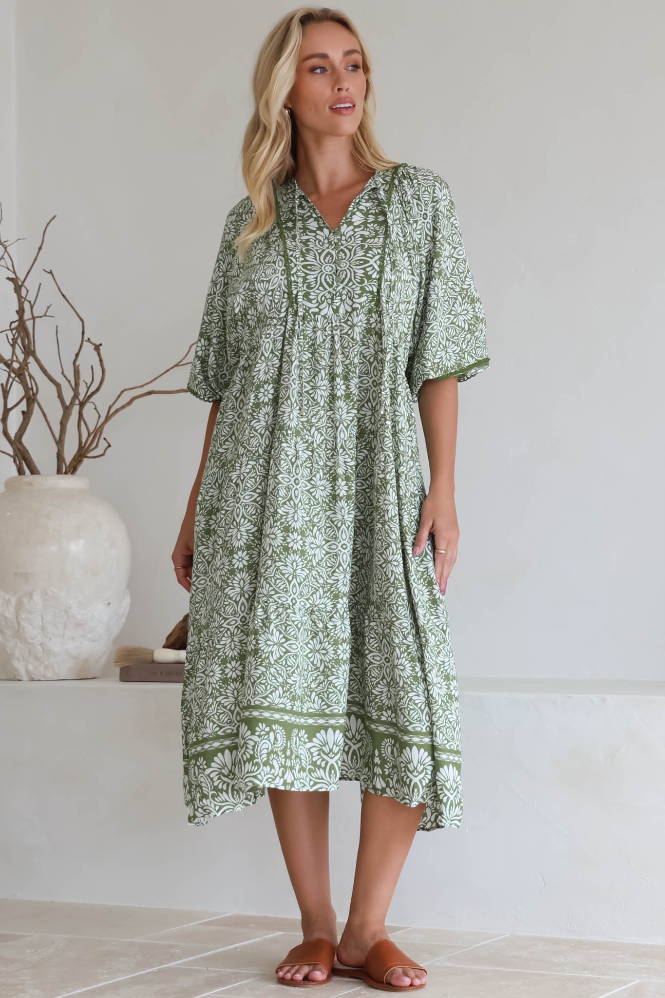 Kamali Midi Dress - Batwing Sleeve Smock Dress with Lace Detailing in Harley Print Green