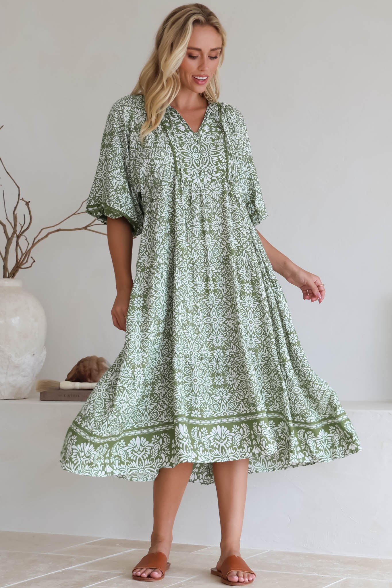 Kamali Midi Dress - Batwing Sleeve Smock Dress with Lace Detailing in Harley Print Green