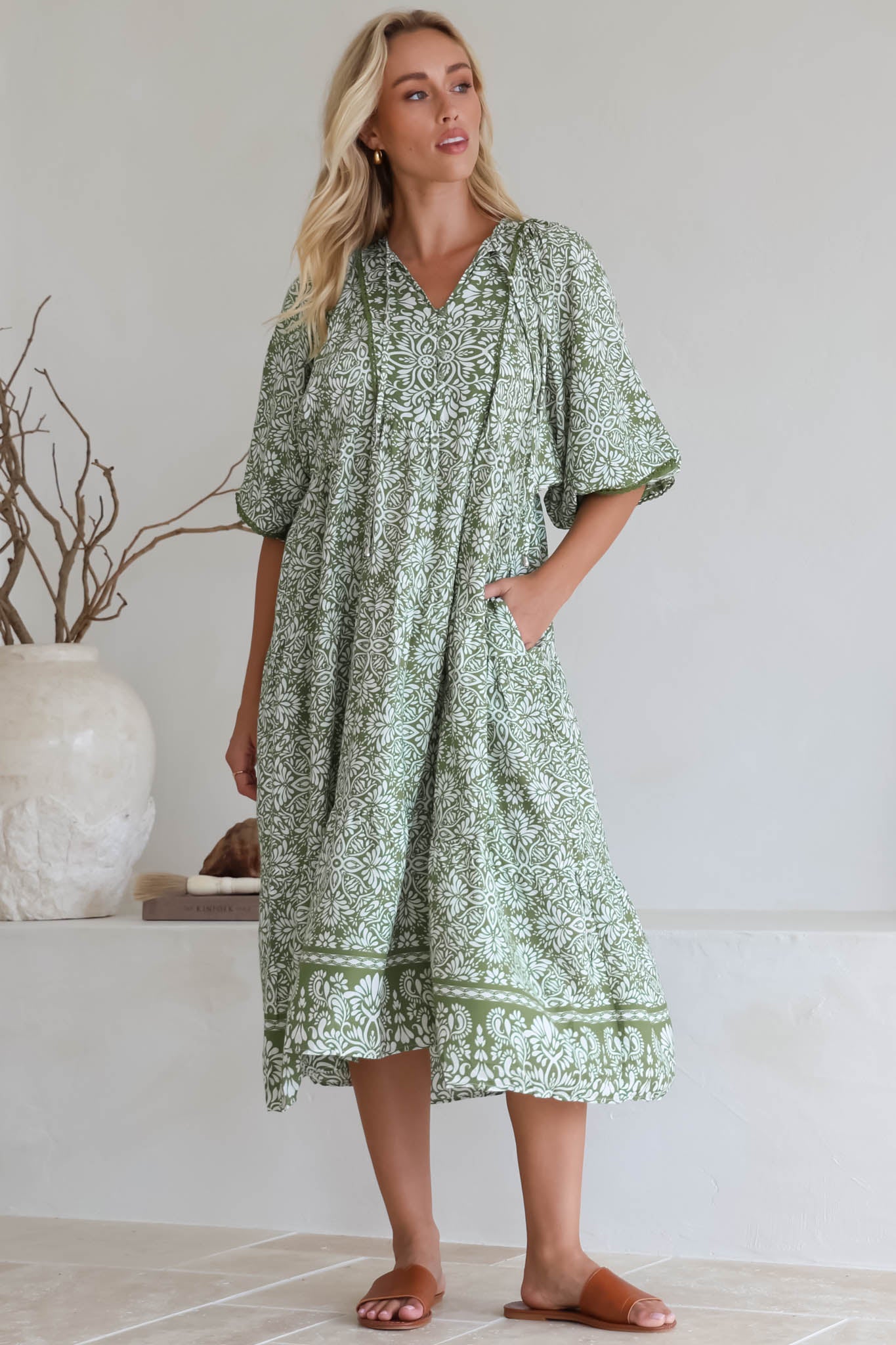 Kamali Midi Dress - Batwing Sleeve Smock Dress with Lace Detailing in Harley Print Green