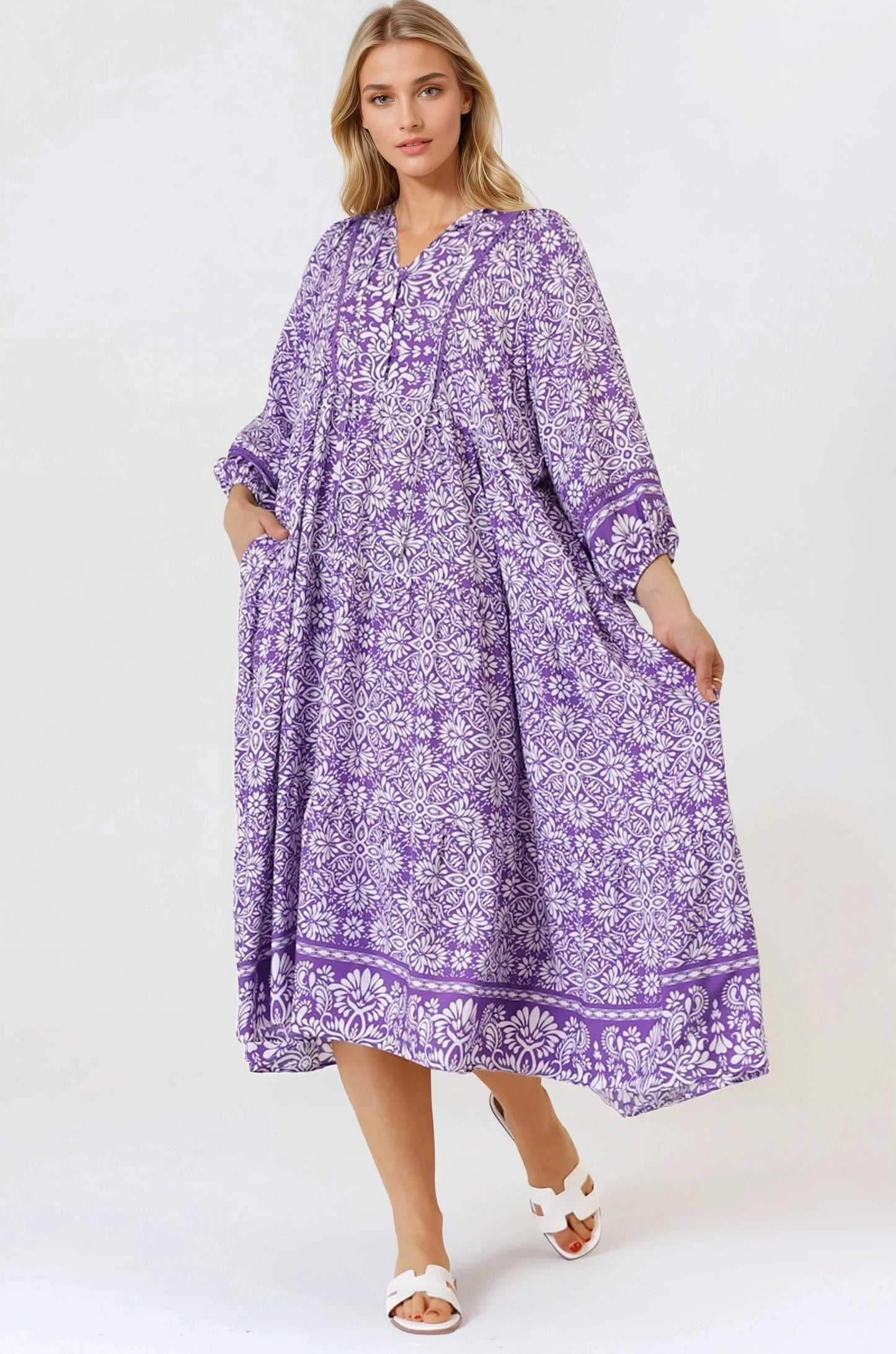 Kamali Midi Dress - Batwing Sleeve Smock Dress wit