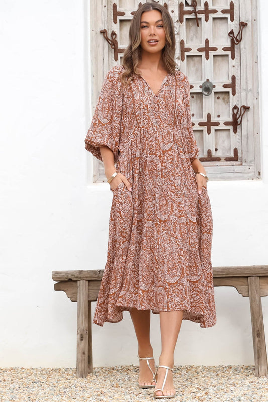 Kamali Midi Dress - Batwing Sleeve Smock Dress With Lace Detailing In Khalid Print Rust
