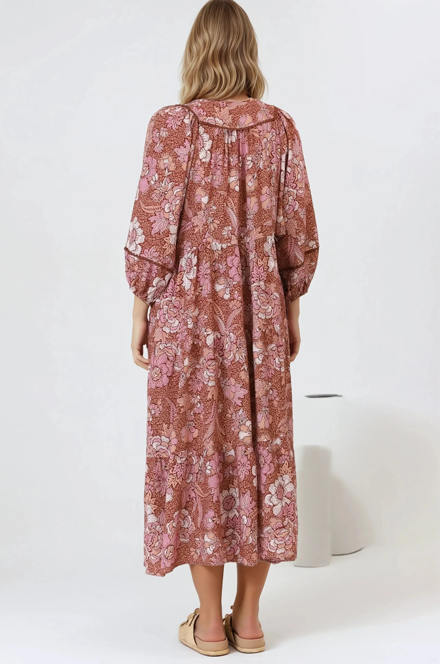 Kamali Midi Dress - Batwing Sleeve Smock Dress with Lace Detailing in Luedi Print in Rust