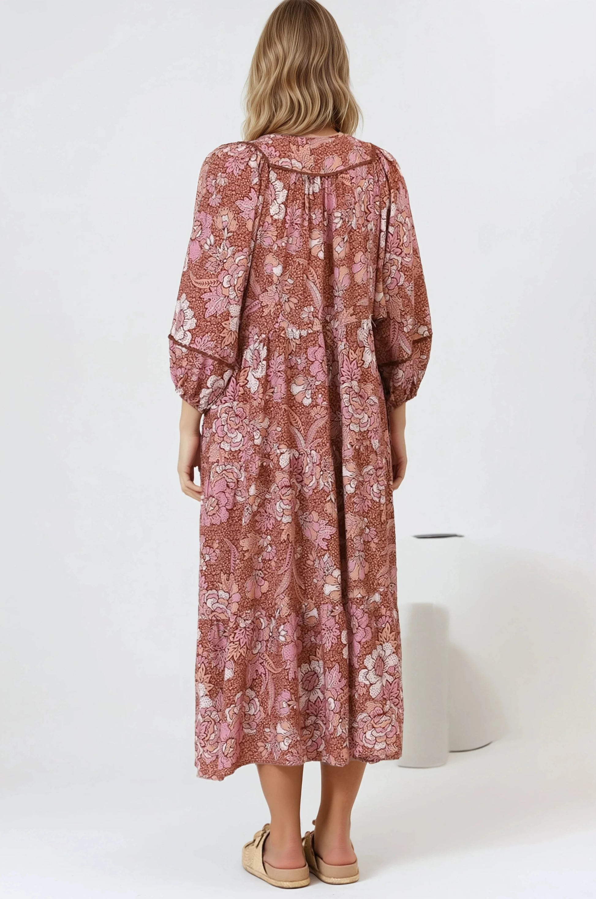 Kamali Midi Dress - Batwing Sleeve Smock Dress with Lace Detailing in Luedi Print in Rust