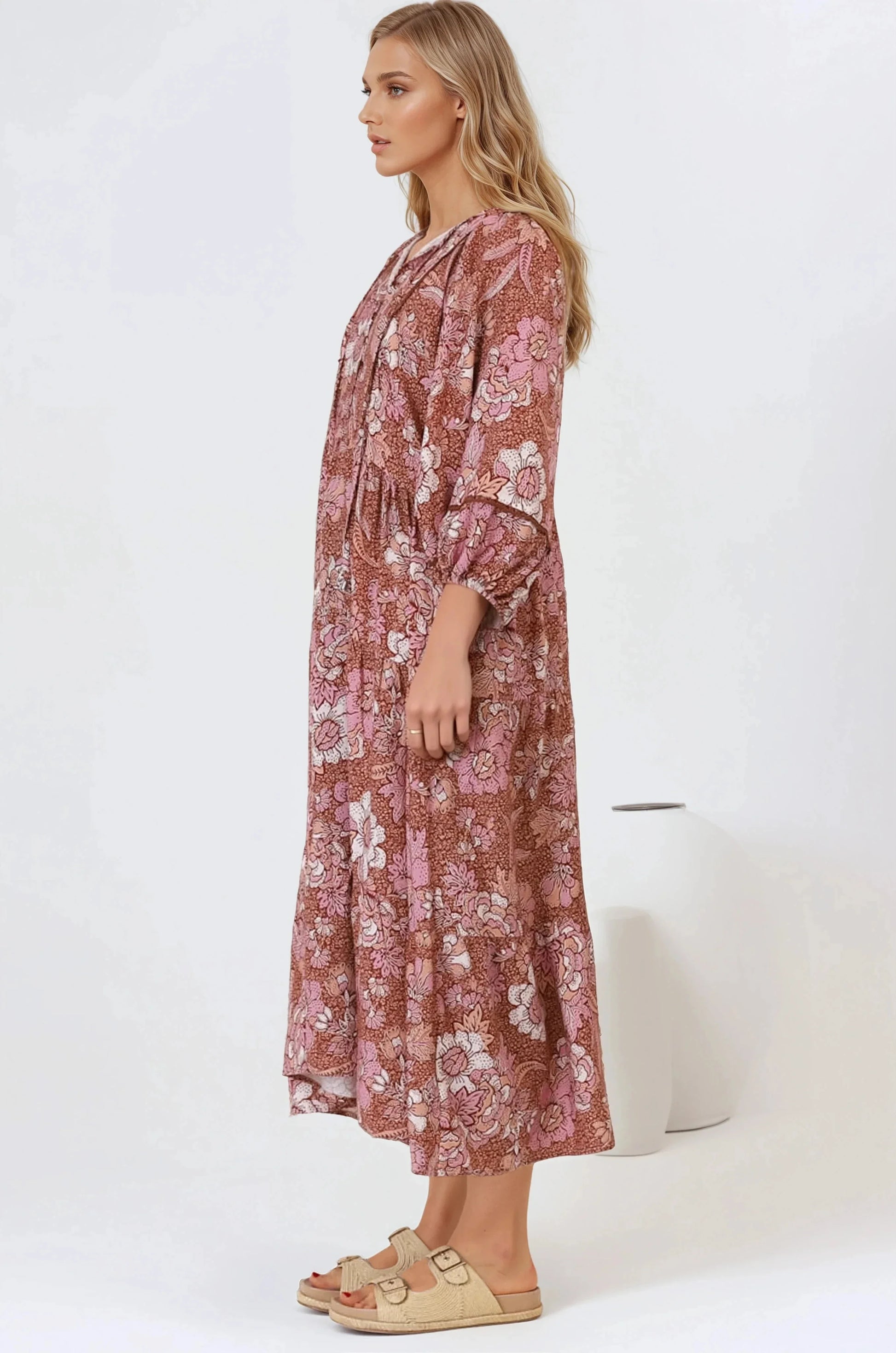 Kamali Midi Dress - Batwing Sleeve Smock Dress with Lace Detailing in Luedi Print in Rust
