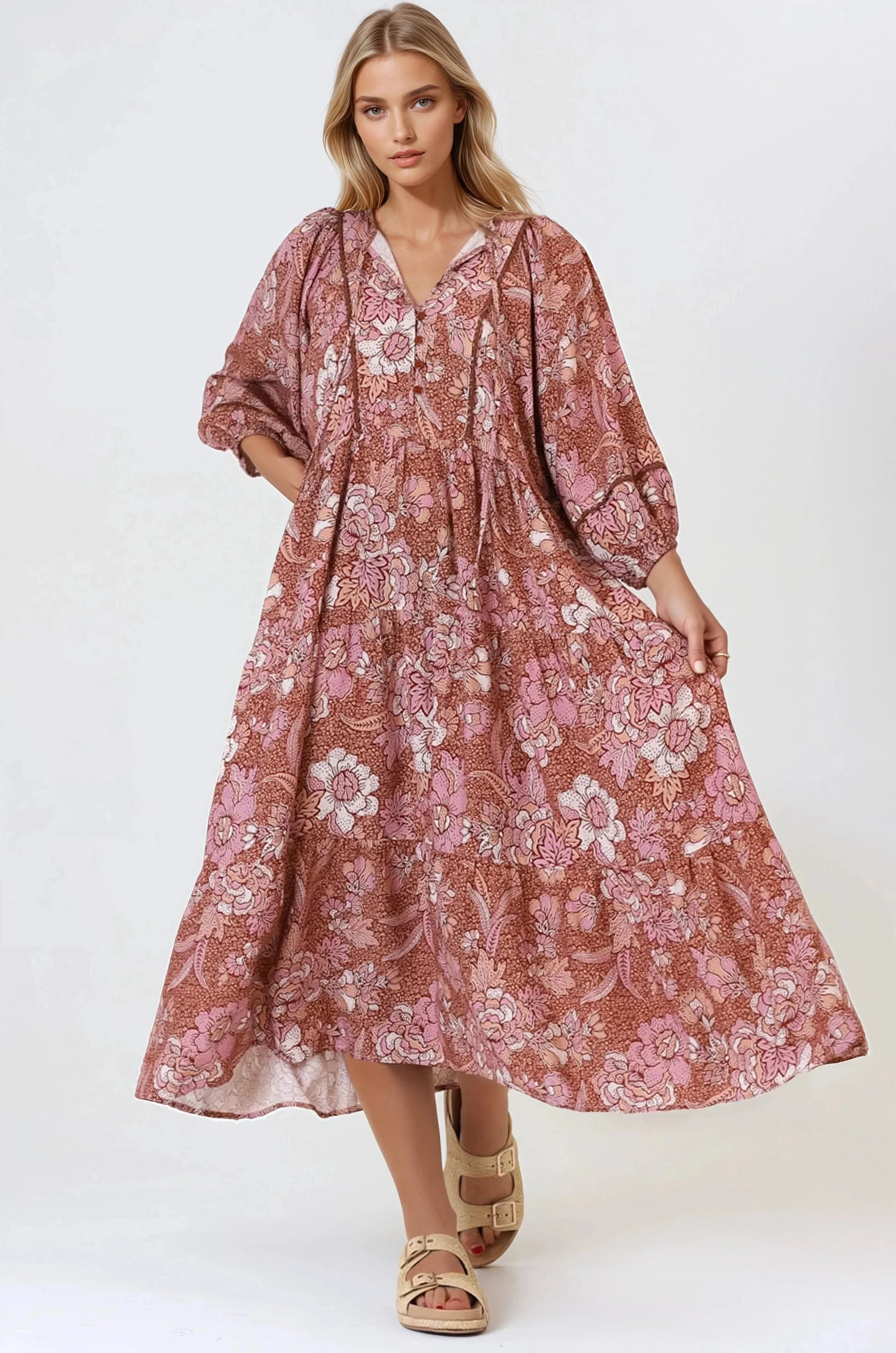 Kamali Midi Dress - Batwing Sleeve Smock Dress with Lace Detailing in Luedi Print in Rust