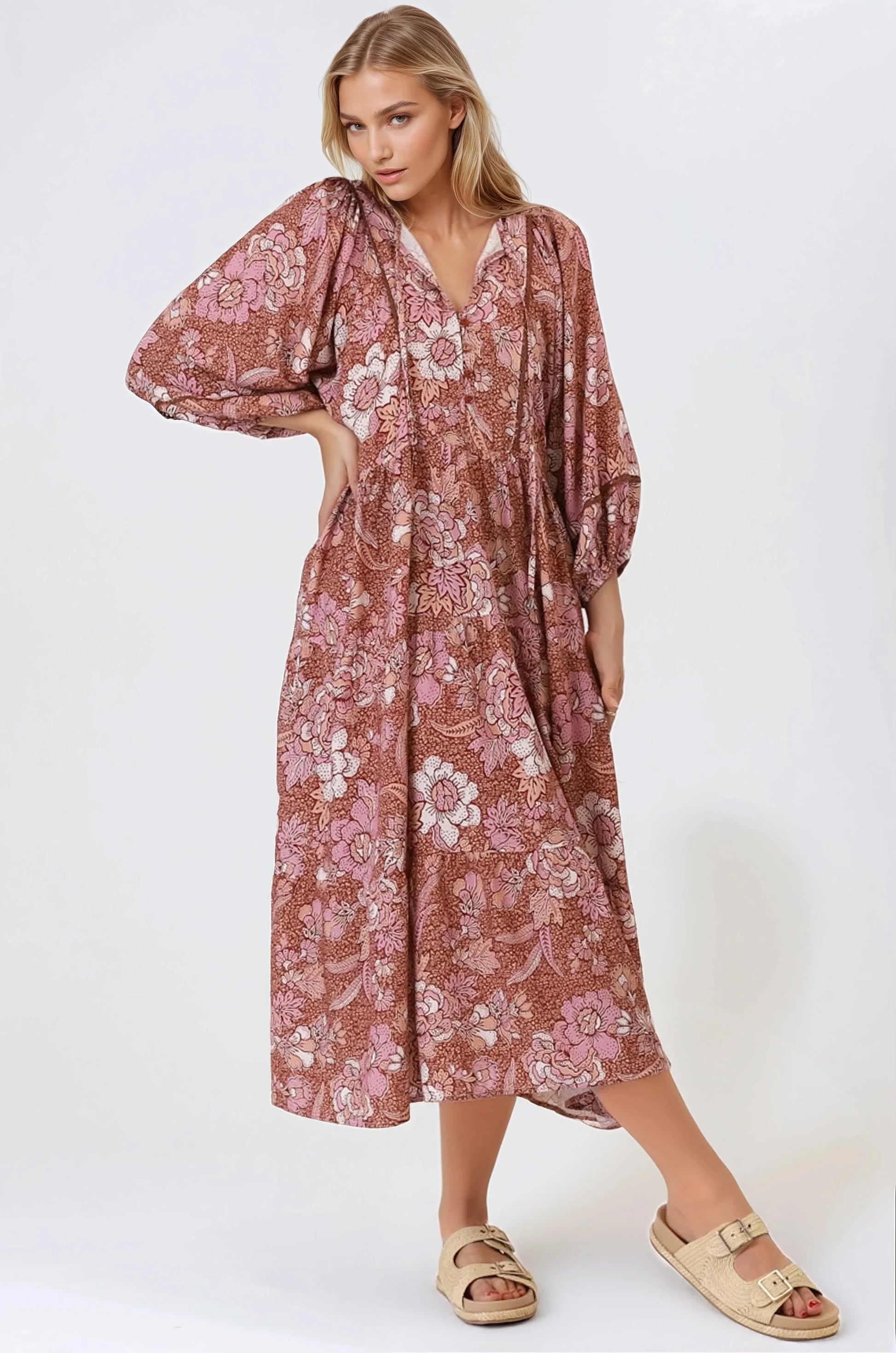 Kamali Midi Dress - Batwing Sleeve Smock Dress with Lace Detailing in Luedi Print in Rust