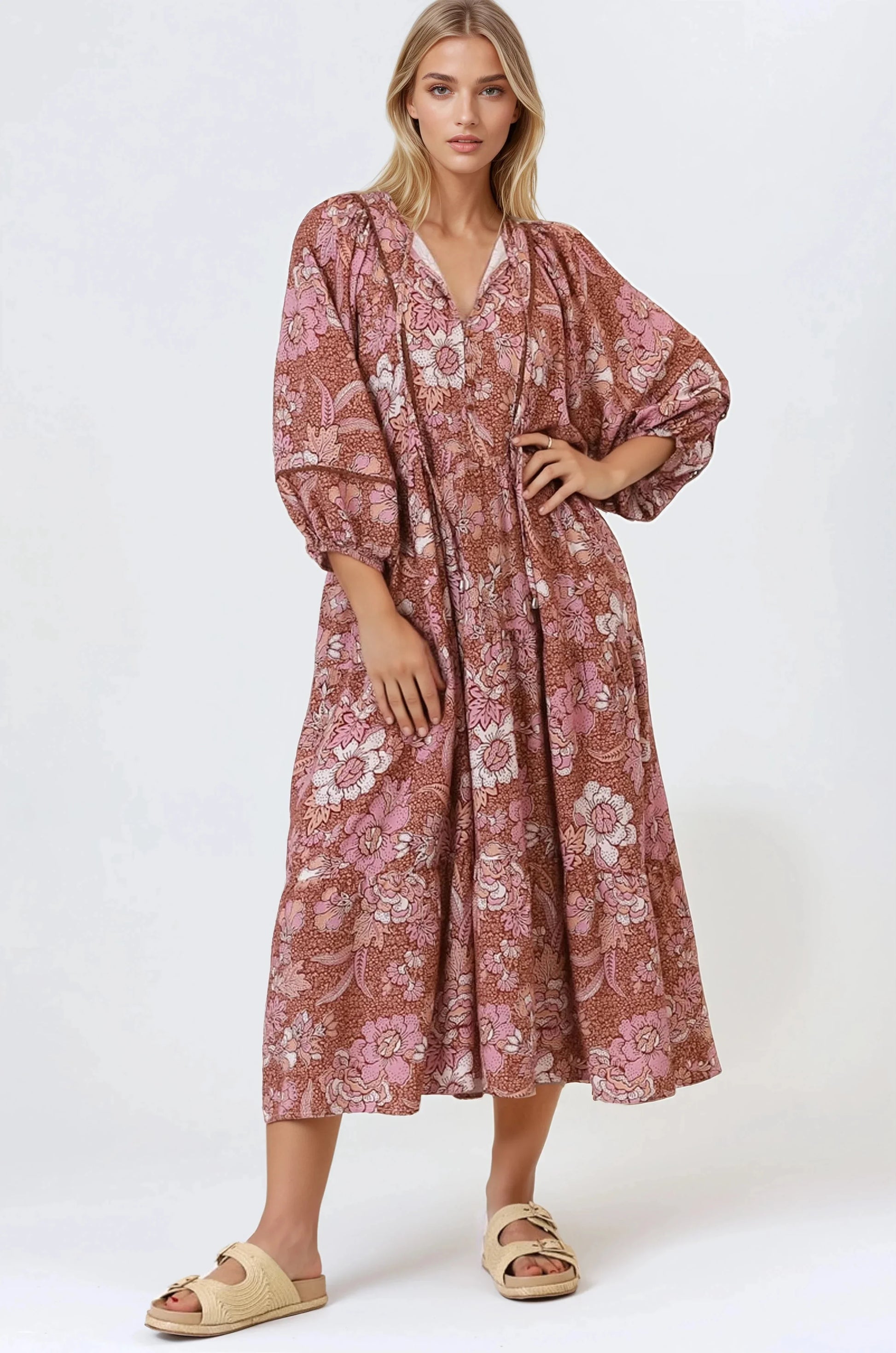 Kamali Midi Dress - Batwing Sleeve Smock Dress with Lace Detailing in Luedi Print in Rust