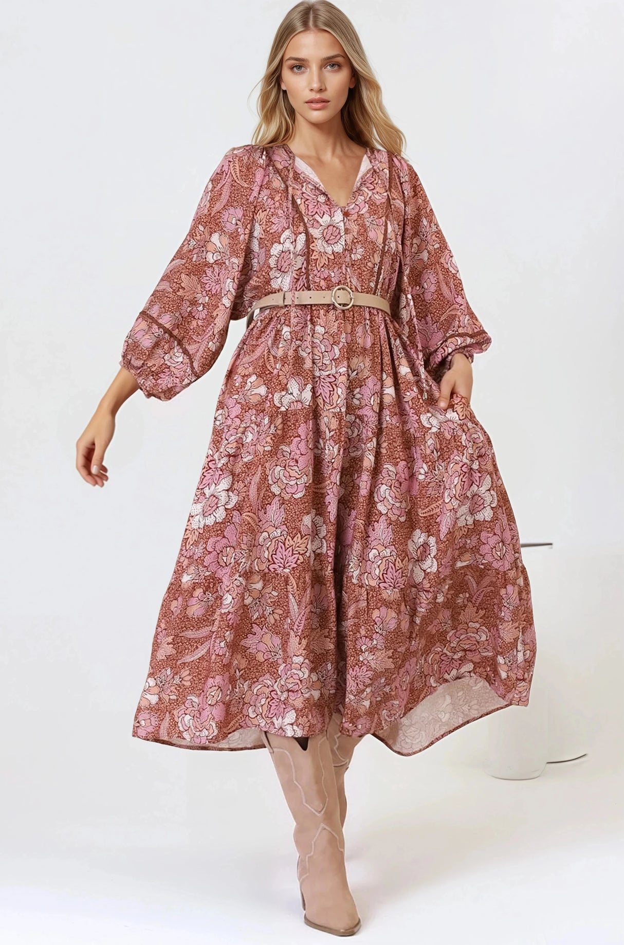 Kamali Midi Dress - Batwing Sleeve Smock Dress With Lace Detailing In Luedi Print In Rust