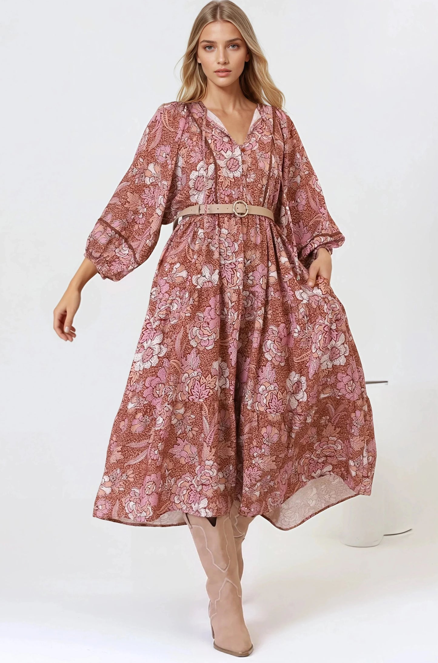 Kamali Midi Dress - Batwing Sleeve Smock Dress with Lace Detailing in Luedi Print in Rust