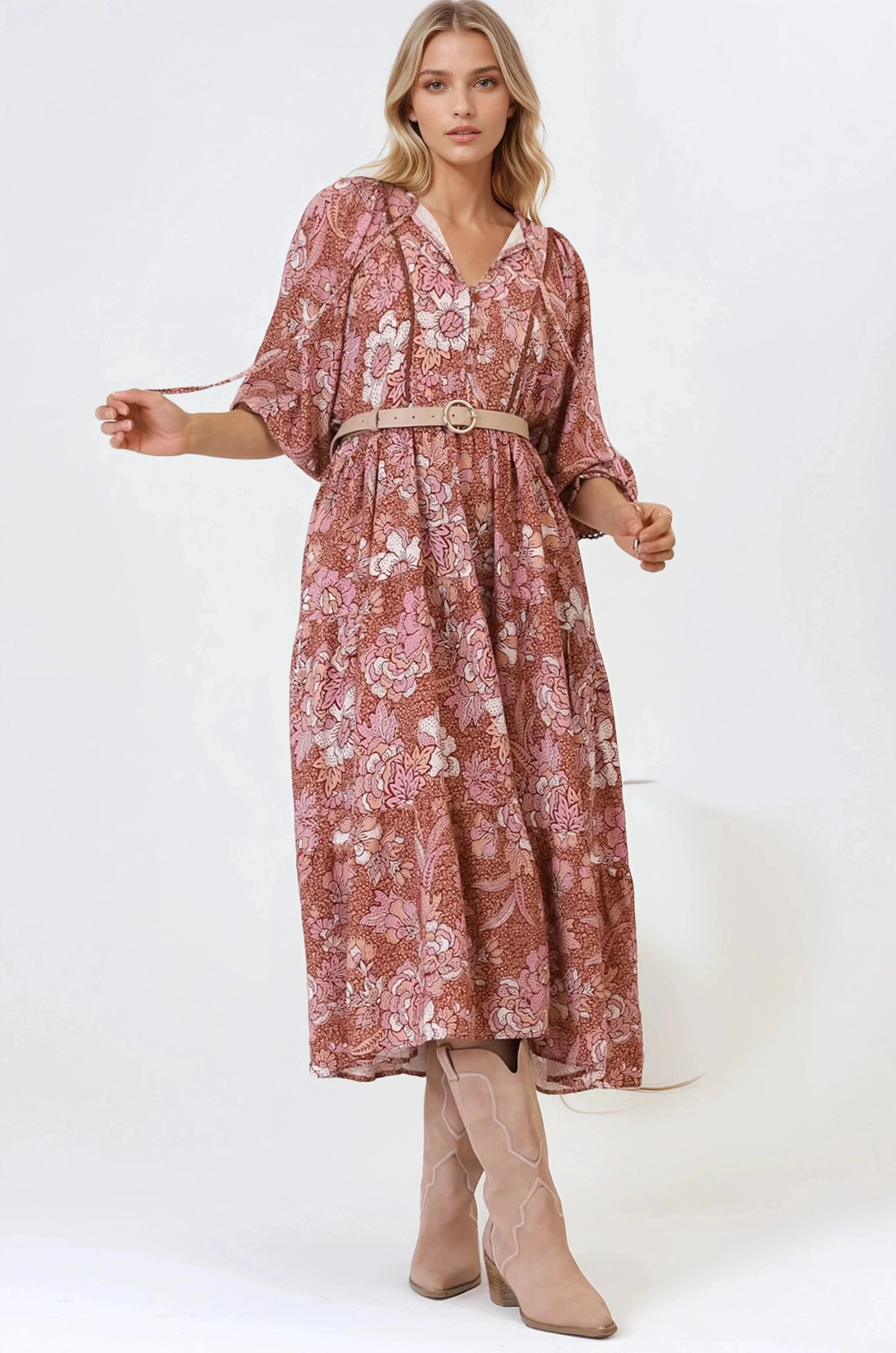 Kamali Midi Dress - Batwing Sleeve Smock Dress with Lace Detailing in Luedi Print in Rust