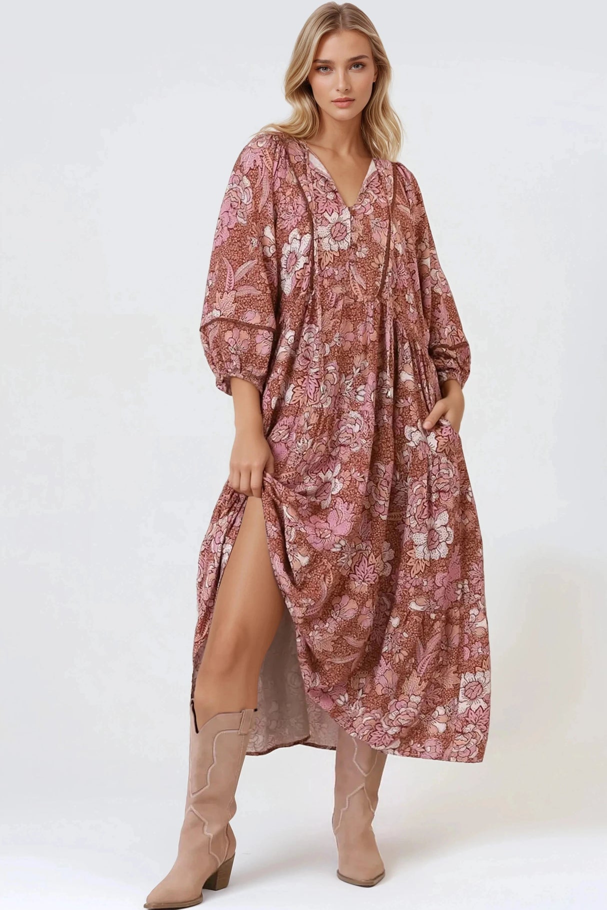 Kamali Midi Dress - Batwing Sleeve Smock Dress With Lace Detailing In Luedi Print In Rust