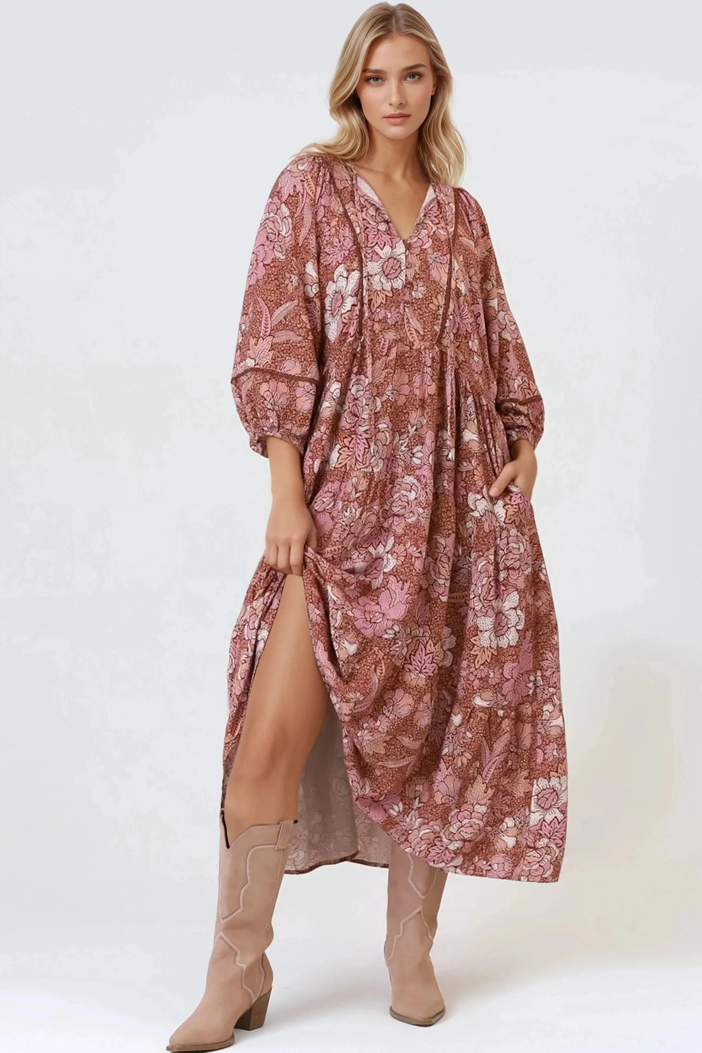 Kamali Midi Dress - Batwing Sleeve Smock Dress with Lace Detailing in Luedi Print in Rust