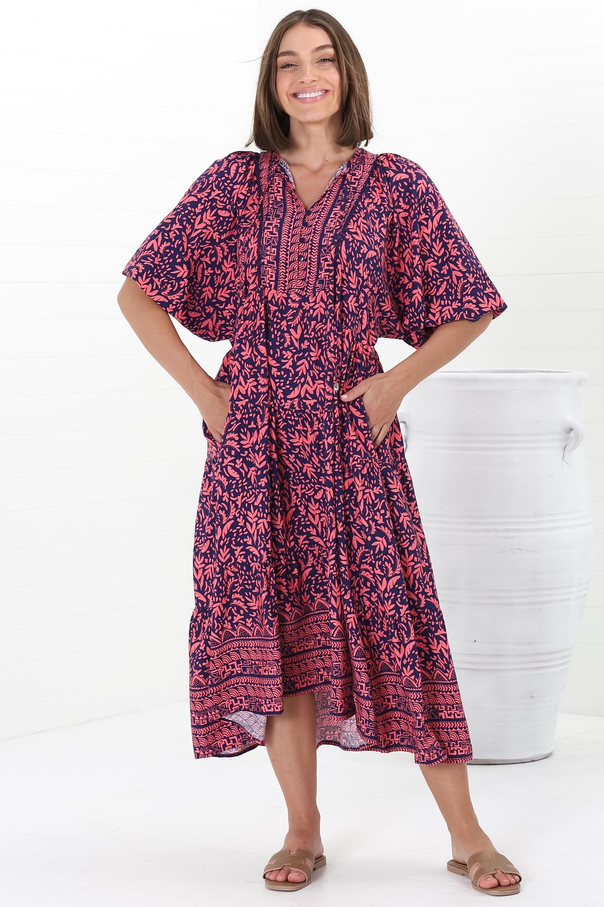 Kamali Midi Dress - Batwing Sleeve Smock Dress With Lace Detailing In Tayler Print Pink