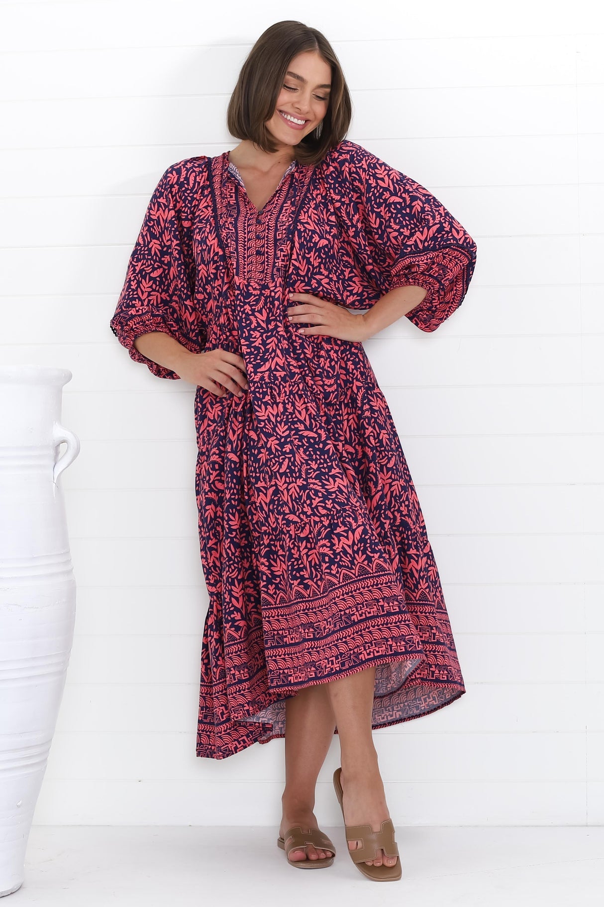 Kamali Midi Dress - Batwing Sleeve Smock Dress With Lace Detailing In Tayler Print Pink