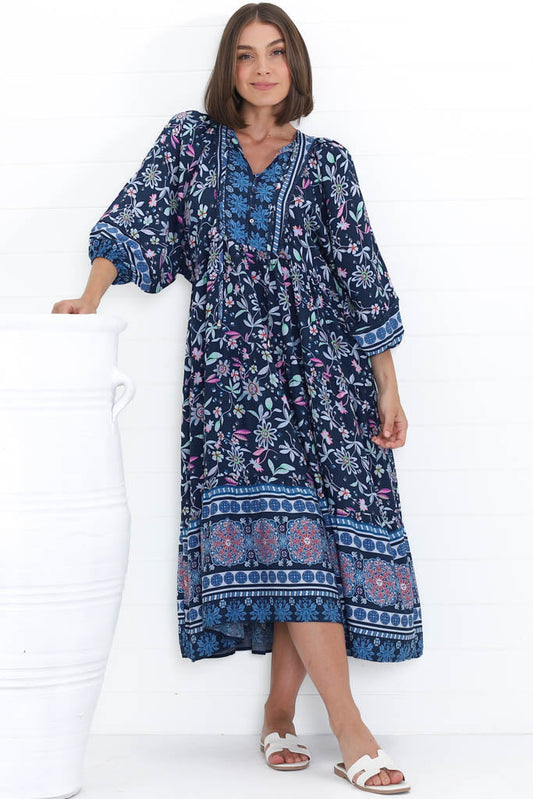 Kamali Midi Dress - Batwing Sleeve Smock Dress With Lace Detailing In Thanya Print Blue