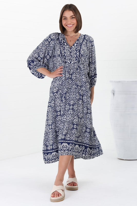 Kamali Midi Dress - Batwing Sleeve Smock Dress With Lace Detailing In Harley Print Blue