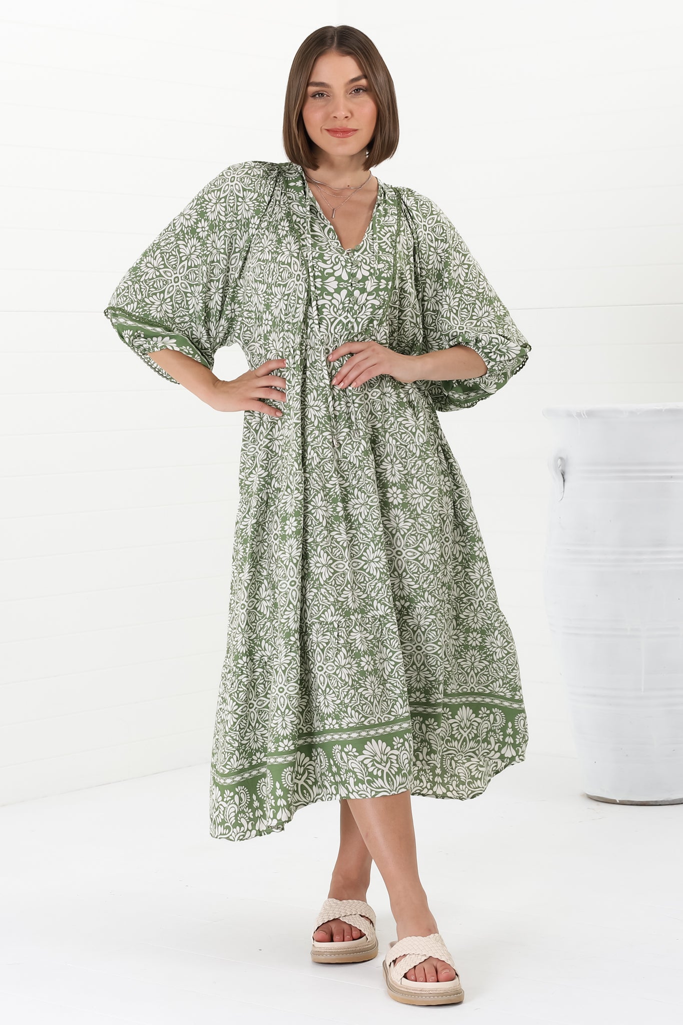 Kamali Midi Dress - Batwing Sleeve Smock Dress with Lace Detailing in Harley Print Green