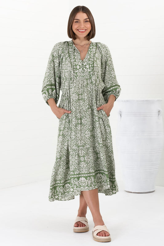 Kamali Midi Dress - Batwing Sleeve Smock Dress With Lace Detailing In Harley Print Green