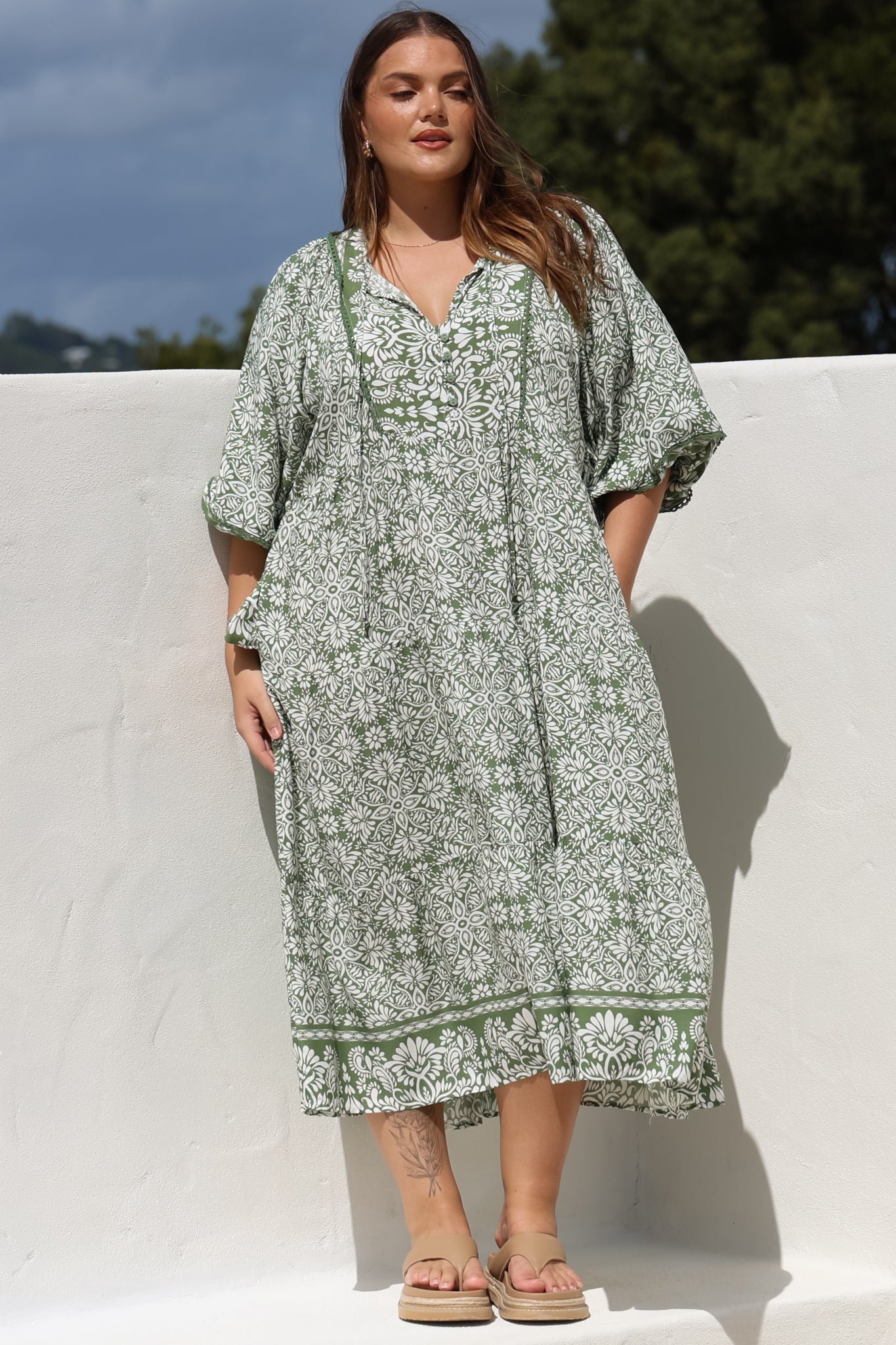 Kamali Midi Dress - Batwing Sleeve Smock Dress with Lace Detailing in Harley Print Green