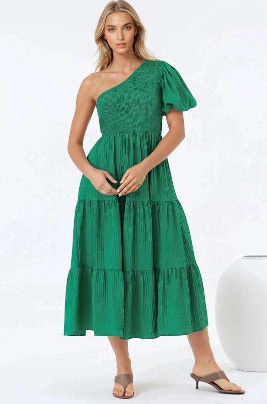 Karoline Midi Dress - One Shoulder Puffy Sleeve Ti