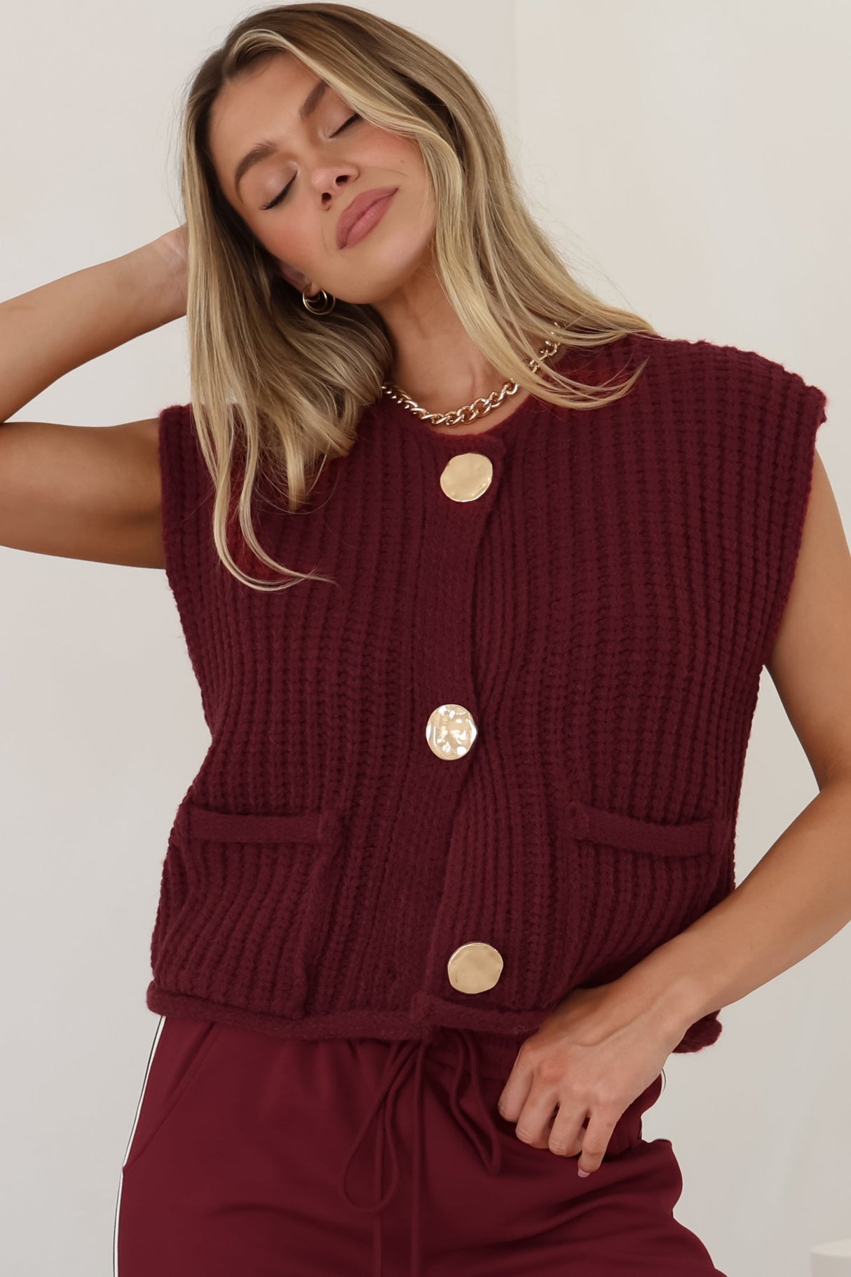 Khloe Knit Top - Sleeveless Large Gold Abstract Button Front Knit In Wine