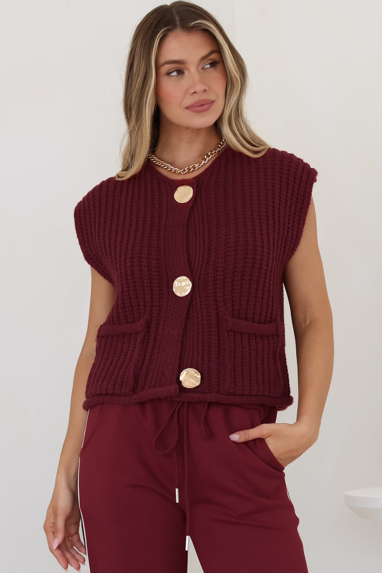 Khloe Knit Top - Sleeveless Large Gold Abstract Button Front Knit In Wine