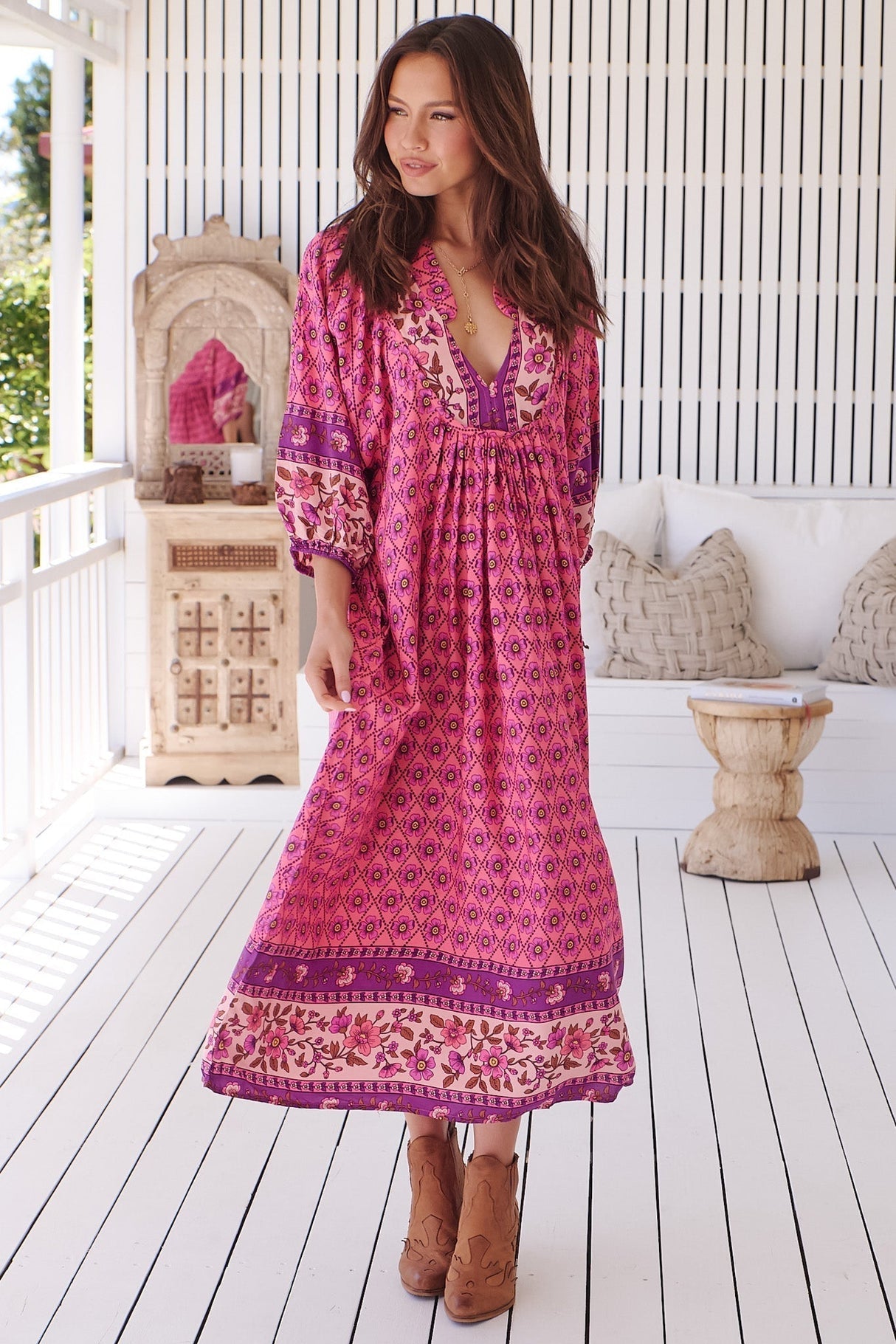 Jaase - Boheme Midi Dress: Piping Defined Bust Slimline Smock Dress In Jolene Print