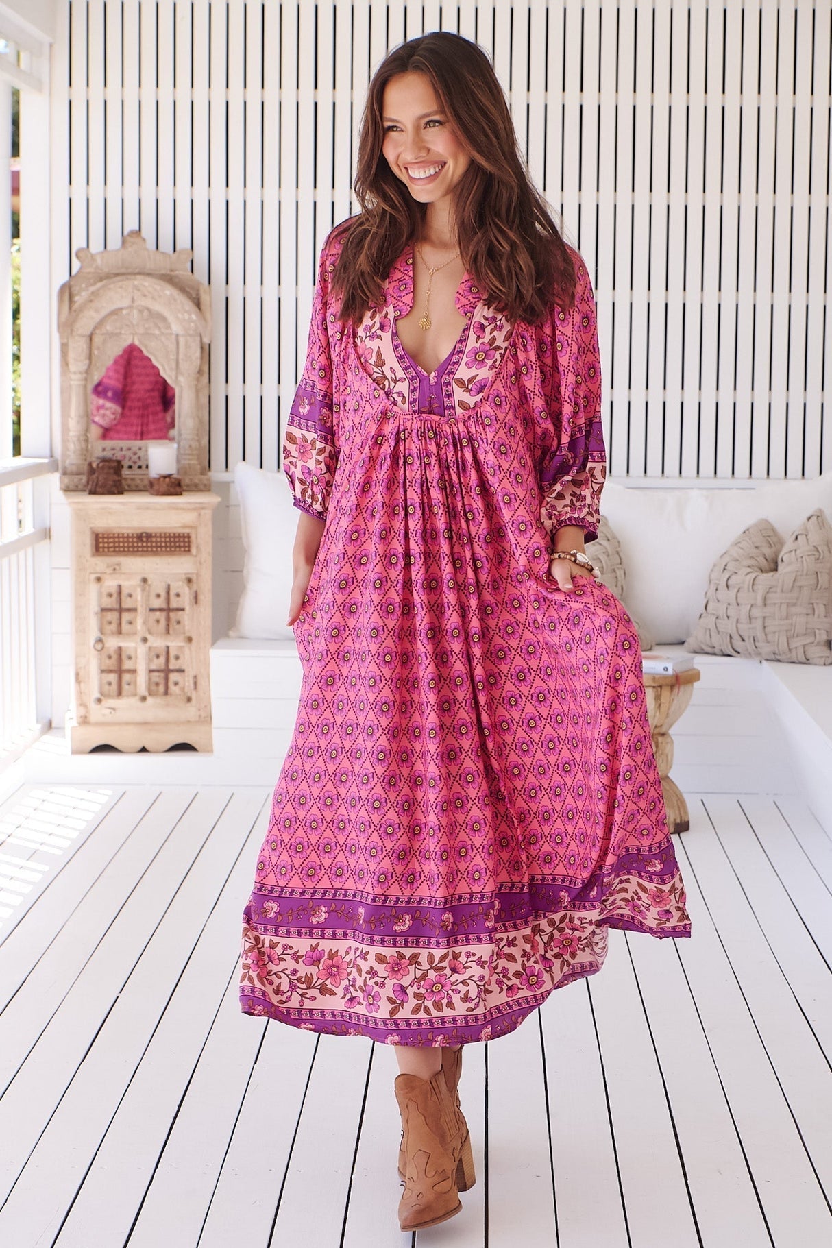 Jaase - Boheme Midi Dress: Piping Defined Bust Slimline Smock Dress In Jolene Print